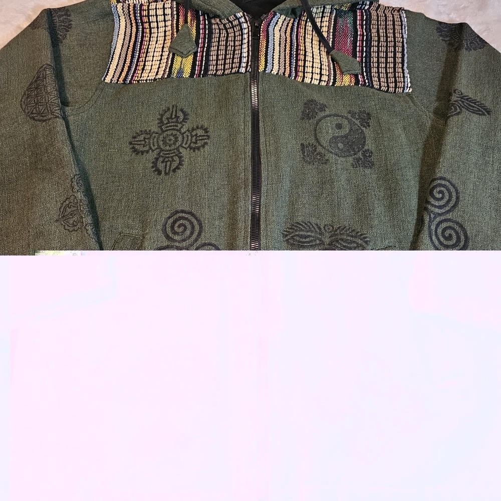 Nepal Handmade Olive Green Bohemian-Style Hoodie Unisex Size Small/Medium - Picture 10 of 10